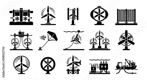 Renewable energy icons set, 15 wind and water turbine vector elements, sustainable power generation symbols, green technology silhouettes for ecology