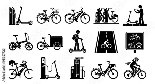 Electric bicycle and scooter icons set, 15 black vector silhouettes of urban mobility, e-bike charging station and micro-mobility transport elements