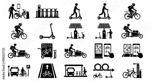 Micro mobility icon set, electric scooter and bicycle sharing system symbols, urban transportation and green city delivery vector collection