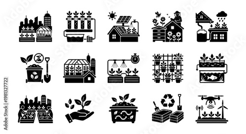 Urban farming and sustainable agriculture icon set, 15 black glyph vectors for smart gardening, hydroponics and eco-friendly city farming systems