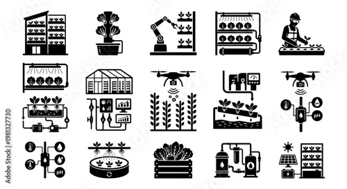 Smart farming and vertical agriculture icons, 15 hydroponic and aeroponic system vectors, automated greenhouse technology and indoor farming set