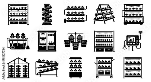 Hydroponic farming system icons, 15 indoor vertical gardening vector elements, smart greenhouse technology and aeroponic plant growth equipment set