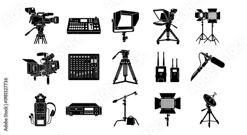 Professional video production equipment silhouettes, 15 broadcasting icons set, cinema camera and studio lighting gear, media industry vector elements