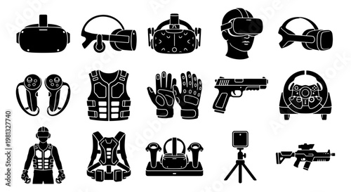 Virtual reality gaming equipment icons, 15 black silhouette VR headset and haptic gear elements, augmented reality hardware and gaming accessories vector set