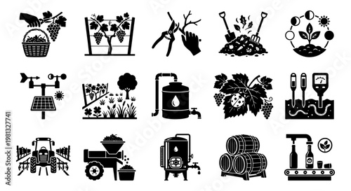 Viticulture and winemaking icon set with 15 black vector elements, vineyard cultivation and grape harvesting symbols, wine production equipment icons
