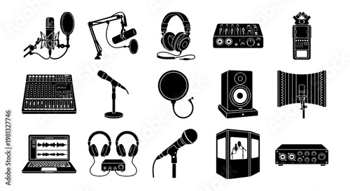 Professional podcast equipment icons, 15 audio recording studio vector elements, black radio broadcasting gear, music production tools set