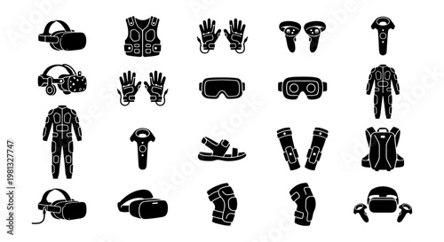 Virtual reality equipment icons set, black silhouette VR gear collection, haptic suit and headset vector elements, gaming hardware accessories
