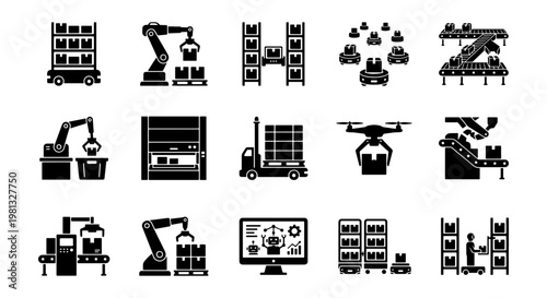 Smart warehouse automation icons, 15 logistics and industrial robotics vector set, automated storage and retrieval system symbols for supply chain