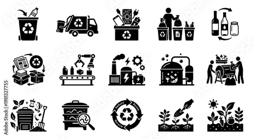 Recycling and waste management icon set, 15 black vector elements for garbage sorting, industrial sustainability and eco friendly composting