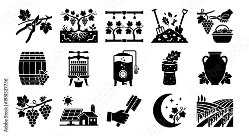 Winemaking and Viticulture Icon Set, 15 Black Vector Silhouettes of Vineyard Farming, Grape Harvesting and Wine Production Equipment