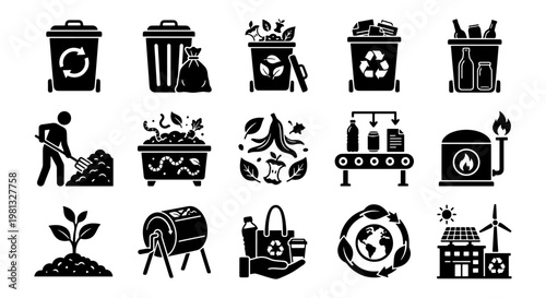 Waste management and recycling icons set, 15 black vector elements for garbage disposal, sustainable ecology and composting symbols for environmental infographics
