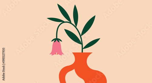 A stylized illustration depicts a delicate pink flower drooping in a vibrant orange vase