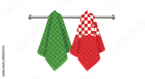 A vibrant green waffle texture towel and a red checkered kitchen cloth hang neatly from a polished chrome horizontal rod against a white background with bright light.