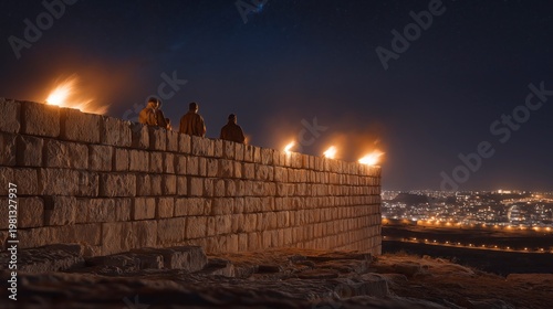 Guards stand watch on Jerusalem’s rebuilt wall by torchlight, as the starry sky above reflects vigilance, protection, and the quiet resolve of a restored city.
