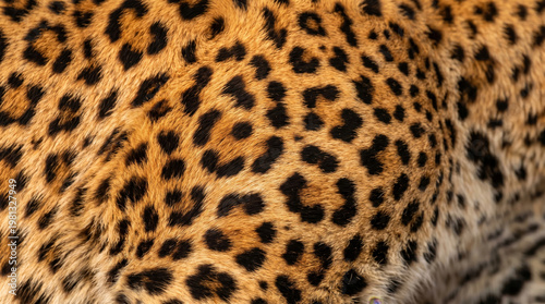 Detailed view of leopard fur, highlighting the unique spot patterns and rich, warm colors of the skin.