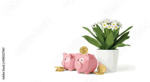 Two glossy pink piggy banks are positioned next to a thriving green houseplant with white blossoms and scattered gold coins on a clean white surface with soft shadows.