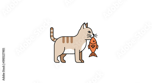 A charming tan and brown striped domestic cat stands calmly while holding a freshly caught orange fish in its mouth against a pristine white background with flat colors.