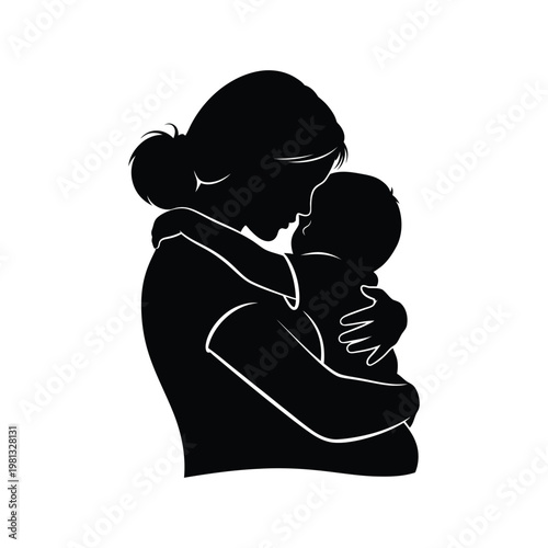 Mother holding baby silhouette vector illustration for motherhood and newborn care concept.