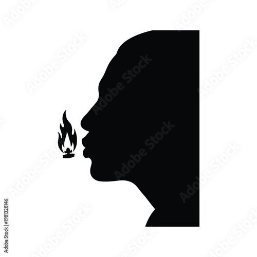 Person blowing out candle silhouette illustration vector for birthday party and tradition.