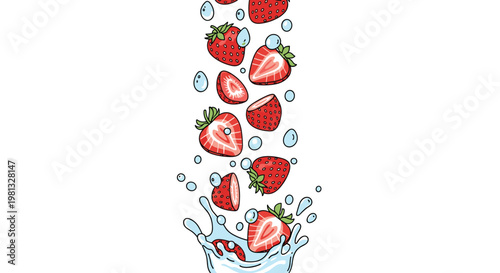Fresh red strawberries and sliced berry pieces fall vertically into a refreshing blue water splash with transparent bubbles against a white background with cool tones.