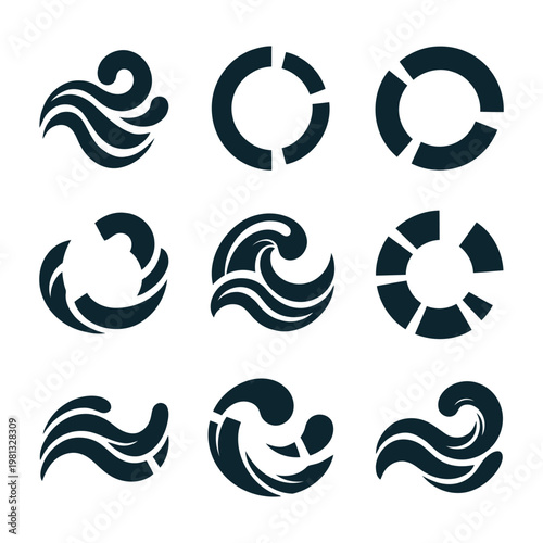 Set of abstract wave symbols and circular geometric logo design elements