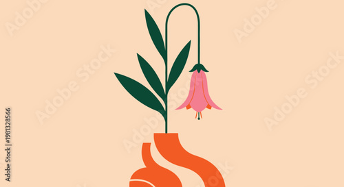 A stylized illustration depicts a vibrant pink flower drooping from a curved orange vase