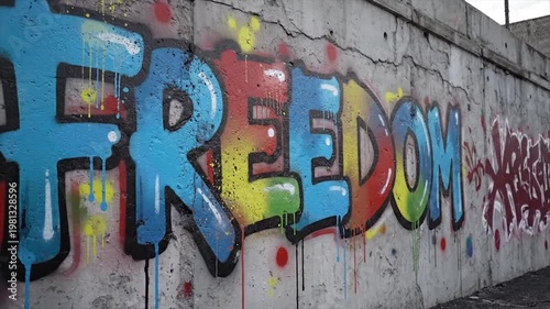 Colorful graffiti freedom message on urban concrete wall with vibrant spray paint
