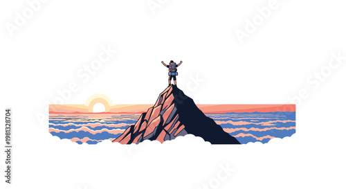 A triumphant hiker with a backpack raises their arms in victory while standing atop a jagged mountain peak above a vast sea of clouds at sunset.