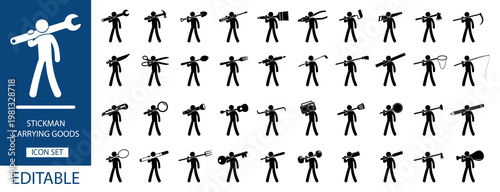 Stickman Carrying Objects Icon Set – Various Tools and Items Silhouette Vector Collection.