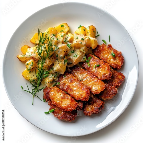 Crispy breaded chicken cutlets with creamy potato salad garnished with fresh herbs served on a white plate, appetizing meal presentation perfect for lunch or dinner