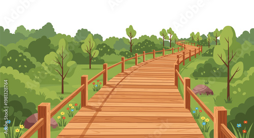 An extensive wooden boardwalk meanders gracefully through a vibrant green parkland featuring scattered trees and colorful wildflowers under a clear sky.