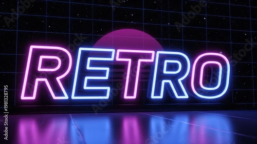 Vibrant neon retro sign glowing in futuristic cyber space background