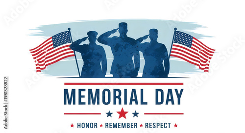 Memorial Day tribute with silhouetted soldiers saluting and American flags in patriotic background
