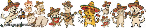 Cinco de Mayo Vector Mascot Bundle: Cute Dogs, Cats, and Alpacas with Pinata, Guitar, and Maracas – Mexican Fiesta Celebration Animal Illustrations