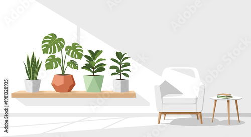A serene and modern living room interior showcases a wooden floating shelf with various green plants alongside a comfortable white armchair and table.