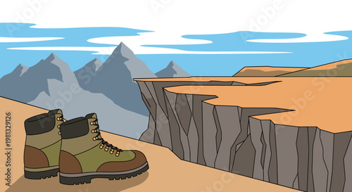 Sturdy hiking boots rest on a rocky cliff edge overlooking a vast canyon and distant blue mountain peaks under a soft blue sky with a brown color motif.