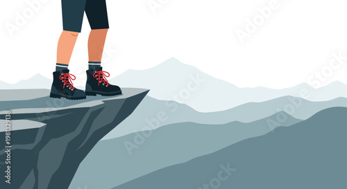 A hiker stands on a jagged grey rock precipice wearing black boots with red laces overlooking misty mountain ranges under a muted grey and blue motif.