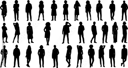 Vector silhouettes man and women, illustration. Silhouettes of young people posing in casual clothes. Transparent background EPS version.