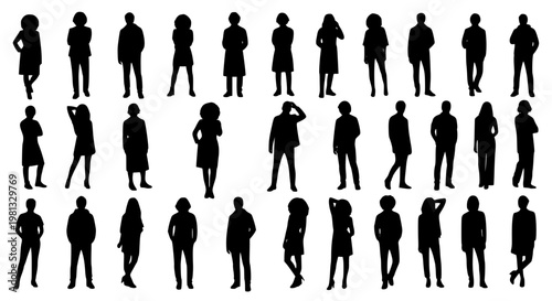 Vector silhouettes man and women, illustration. Silhouettes of young people posing in casual clothes. Transparent background SVG version.