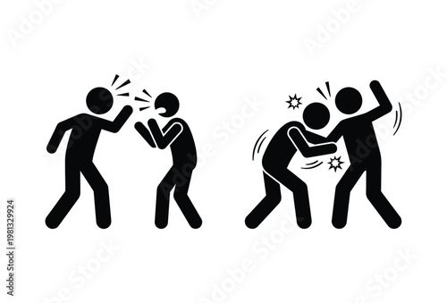 Two pairs of figures engaged in physical conflict depicted as a striking black silhouette