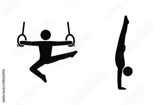 Gymnast performing a challenging ring routine and a handstand depicted in silhouette