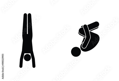 Two black silhouettes depicting a handstand and a tumbling rolling human figure silhouette