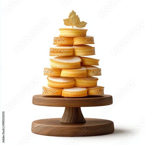 Tower of various cheese slices stacked on a round wooden stand topped with a decorative gold leaf, showcasing an assortment of cheese types and textures on a white background