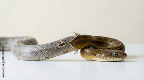 Snake shedding old skin in close-up with a neutral background