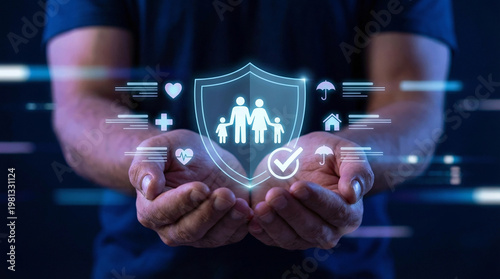 Hands holding holographic family protection shield with health and home insurance icons, life coverage concept, security and welfare digital technology illustration.