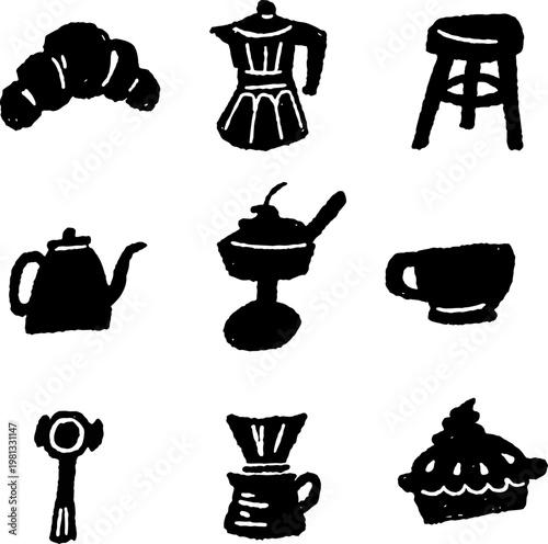 Hand drawn kitchen and food icons set, black silhouette vector collection including croissant, dress, stool, teapot, pan, cup, camera, coffee dripper and pie illustration