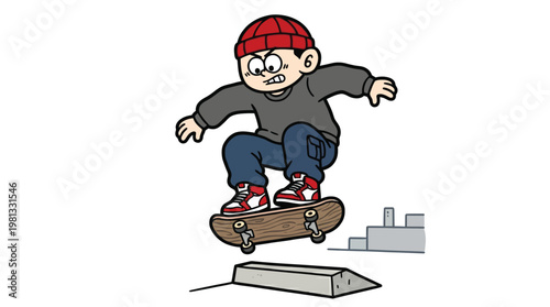 Cartoon Illustration of an Energetic Skater Boy Performing a Skateboard Jump Trick Over an Obstacle