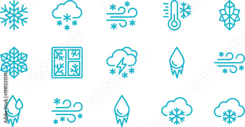A comprehensive collection of winter weather line icons, featuring snowflakes, snow clouds, icy wind, and freezing rain symbols.
