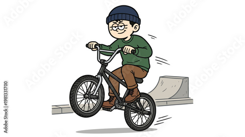 Cool Young Man Doing a Wheelie Stunt on a BMX Bike at a Skatepark Cartoon Illustration