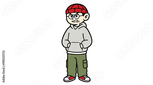 Angry Young Man Character Wearing Red Beanie and Grey Hoodie Cartoon Illustration Isolated on White Background for Emotional Concept Design